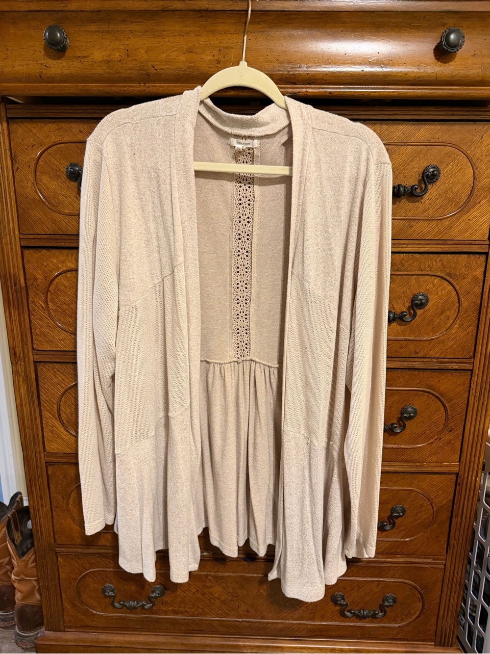 Maurices Light Beige Open-Front Cardigan with Lace Back Detail